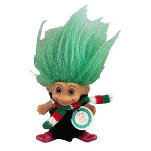 Vintage Christmas RUSS Troll Doll 2979 Merry Little Trolls Green Hair Scarf Coat